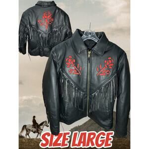 NWOT Women’s Black Fringe Leather Motorcycle Jacket Size Large Rose Inserts